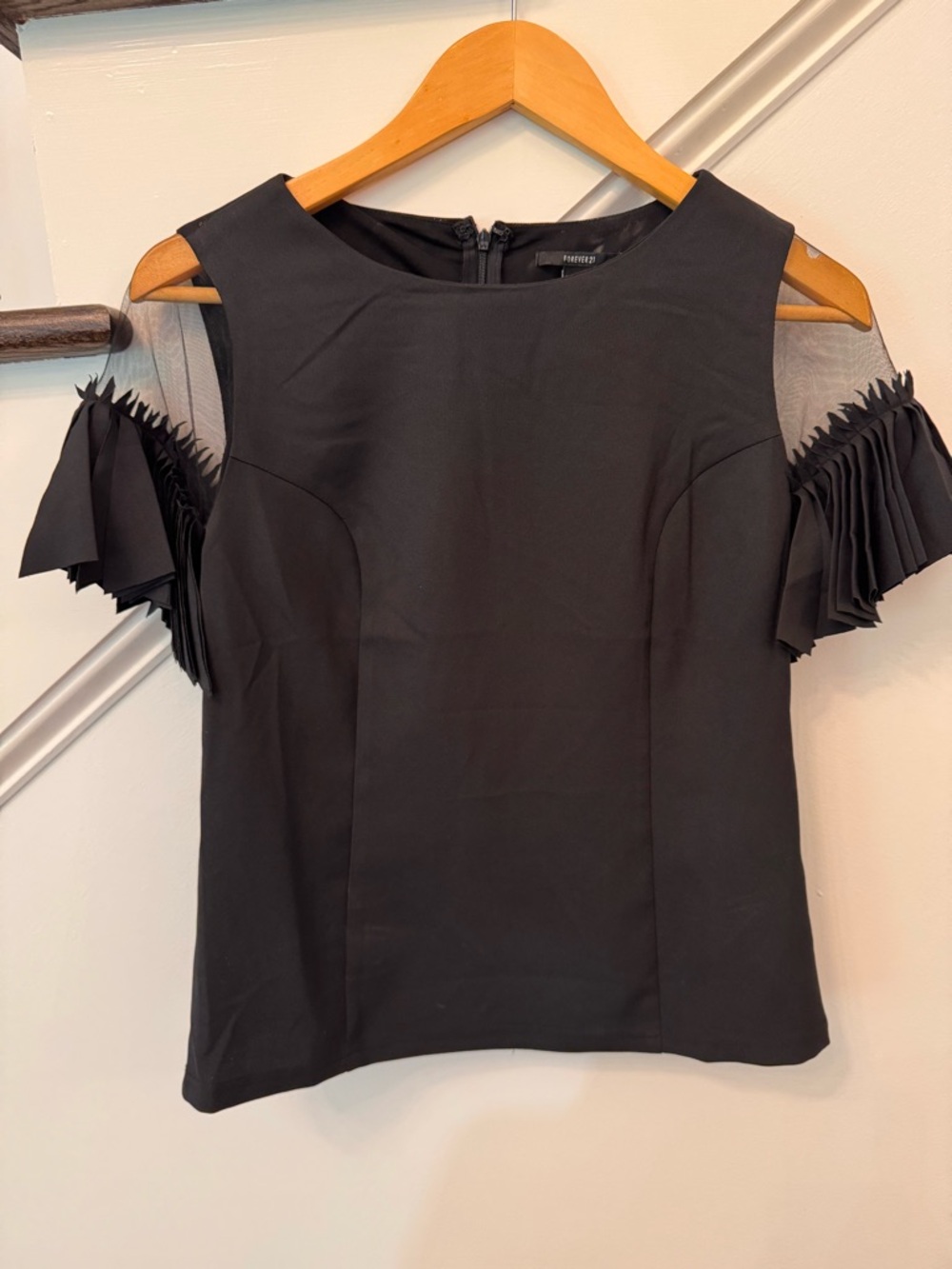 Forever 21 Black Cold-Shoulder Pleated Sleeve Blouse
